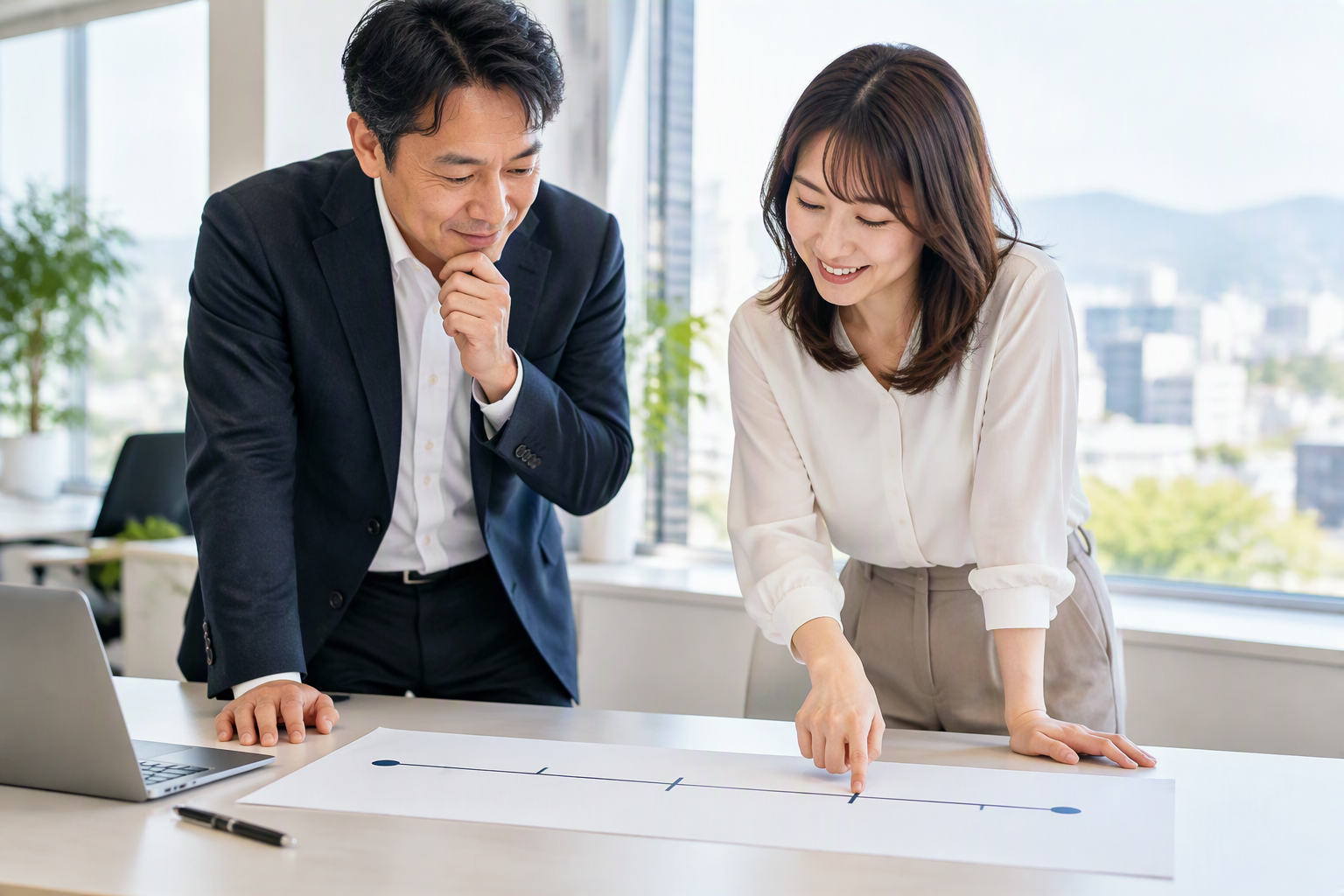 机に広げた時間軸の図を指さしながら、二人で投資の順番を確かめている様子