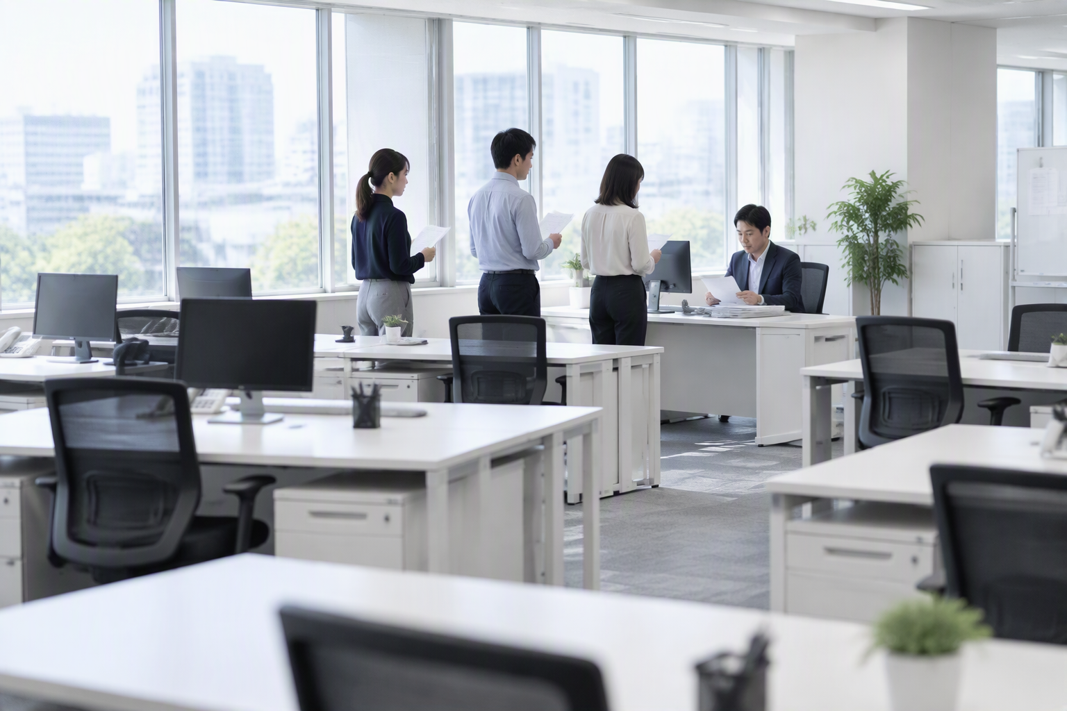 書類を手にした社員三人が、責任者の机の前に並んで確認を待っているオフィスの様子